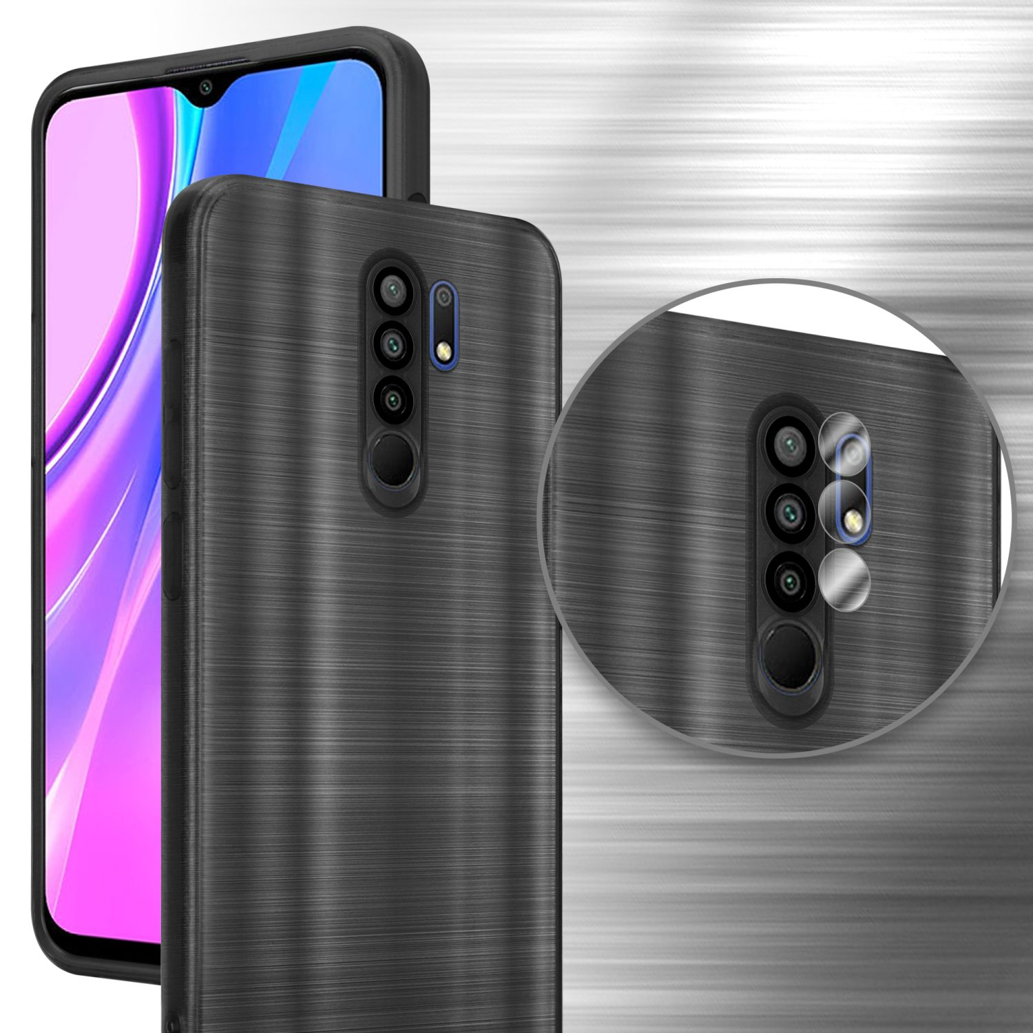 Custodia per telefono nera con superficie strutturata, che mostra le fotocamere del telefono.