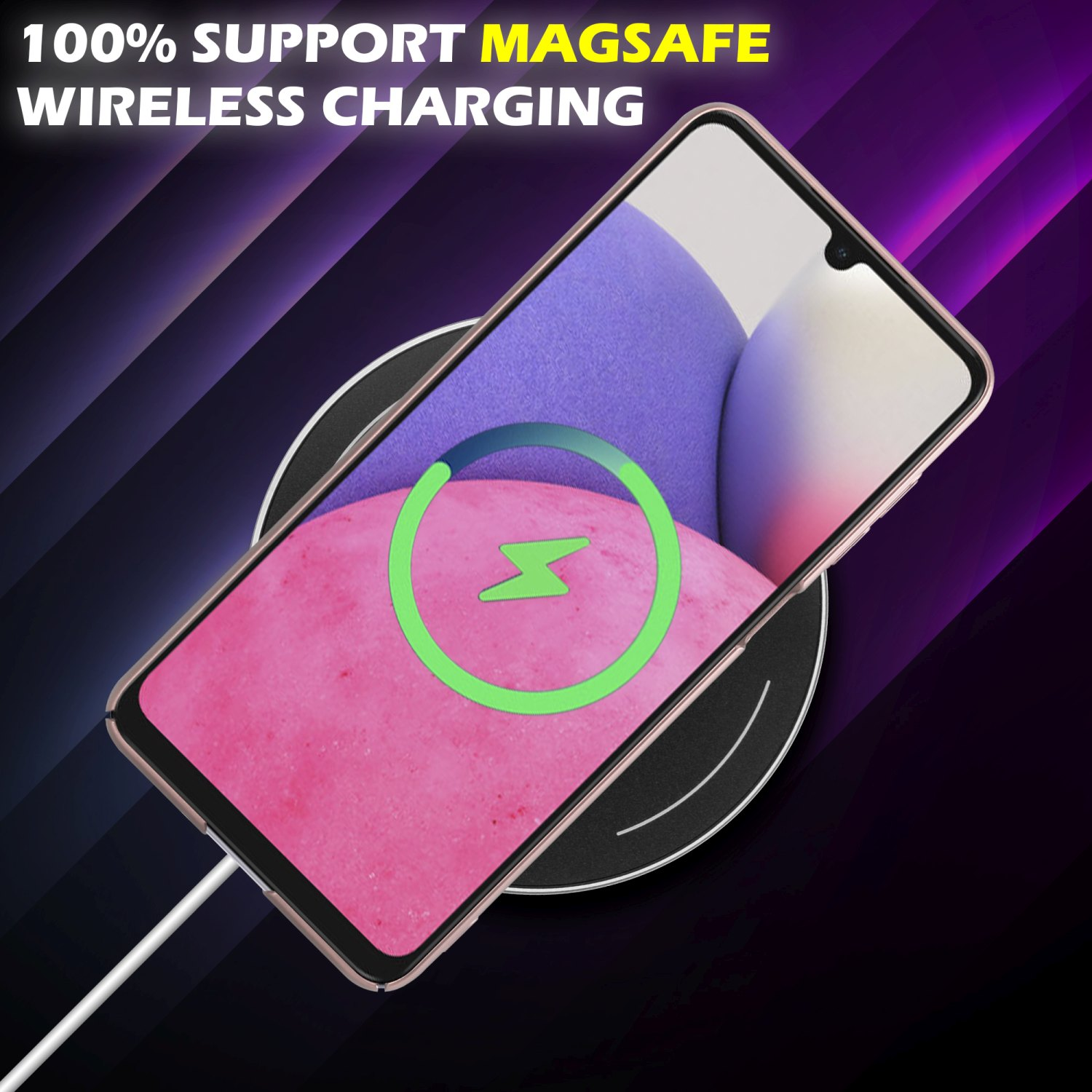 Ein Telefon wird kabellos geladen. Das Telefon befindet sich in einem rosa Gehäuse. Das Ladegerät ist grün.
