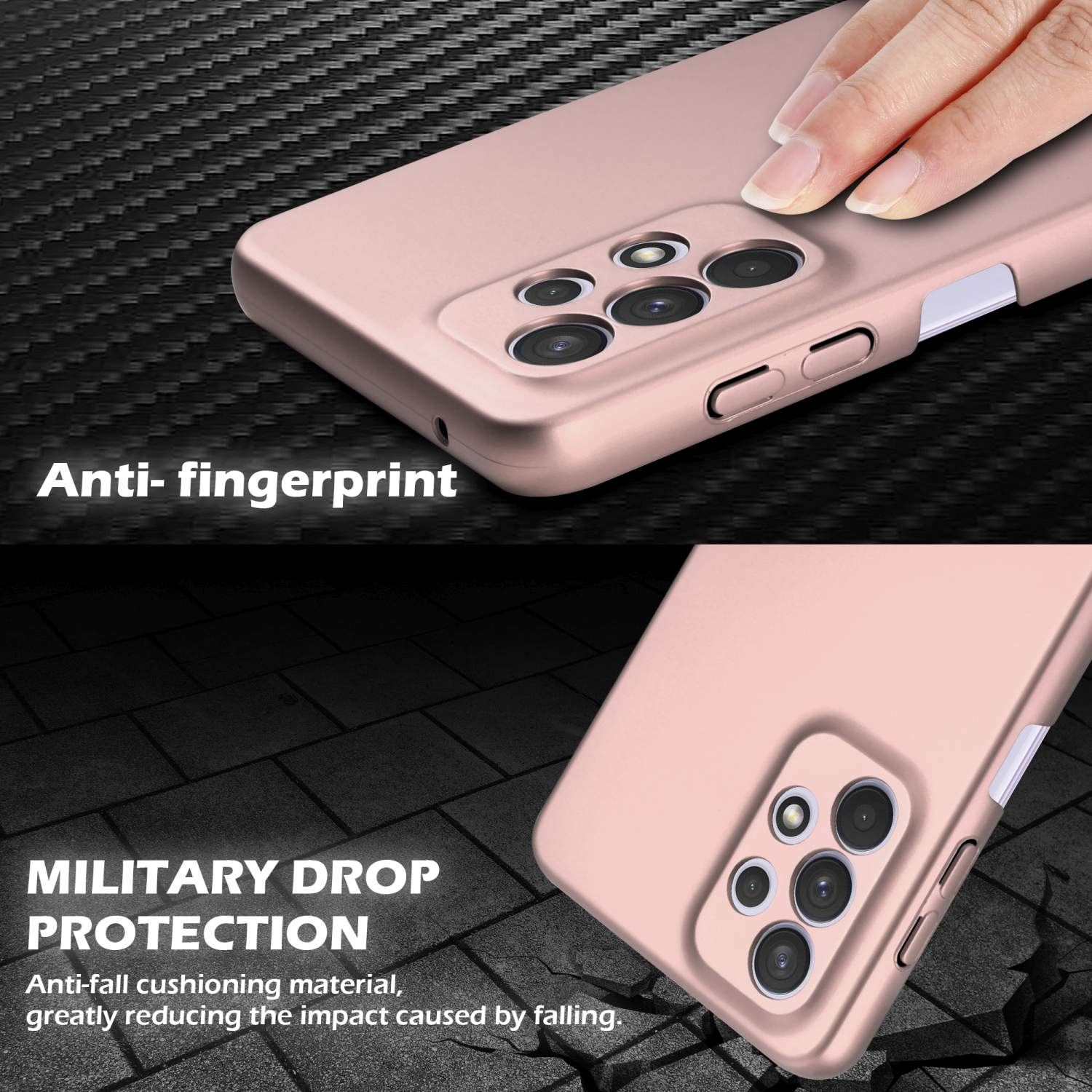 Eine rosa Handyhülle mit strukturiertem Design und dem Text Anti-Fingerabdruck und militärischer Fallschutz.