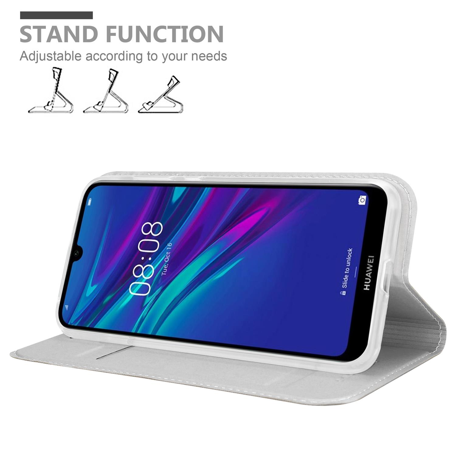 Ein Telefon in einer weißen Hülle, geöffnet, um den Bildschirm zu zeigen. Der Hintergrund zeigt Standfunktionsillustrationen.