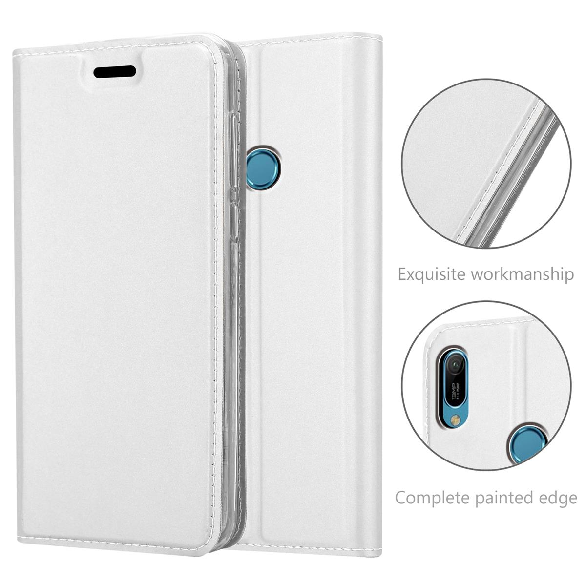 Weiße Handyhülle mit Telefon und zwei kreisförmigen Nahaufnahmen, die Details und Funktionen der Hülle zeigen.