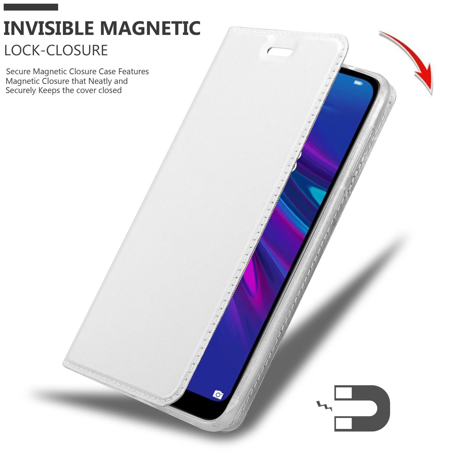 Weiße Handyhülle mit Telefon. Magnetischer Verschluss wird gezeigt.