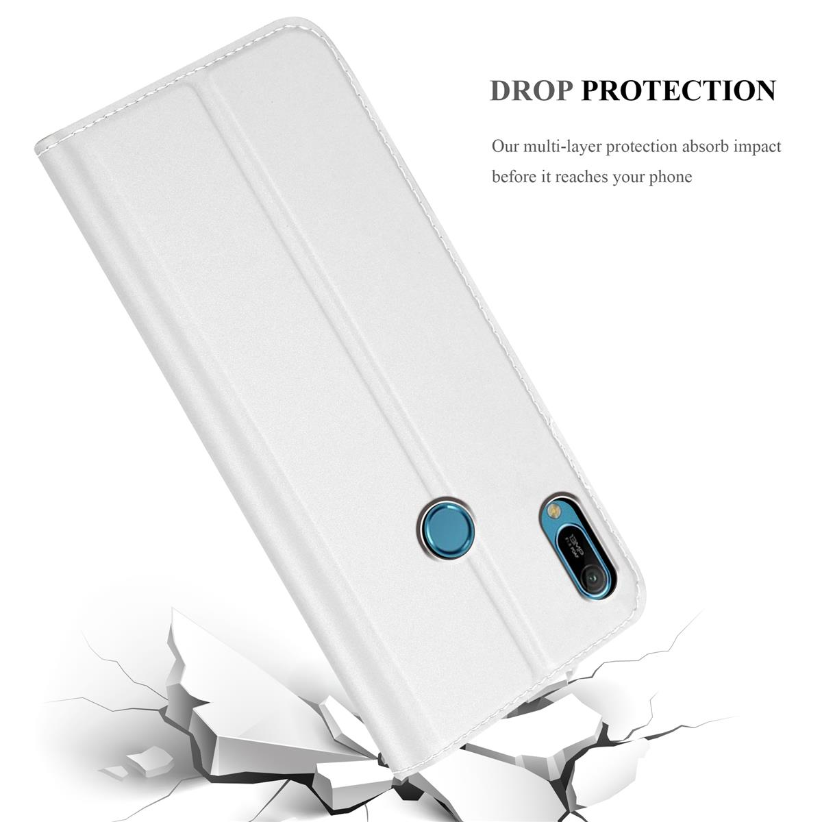 Weiße Handyhülle mit mehrschichtigem Design, zeigt Telefon und Kamera auf weißer Oberfläche.