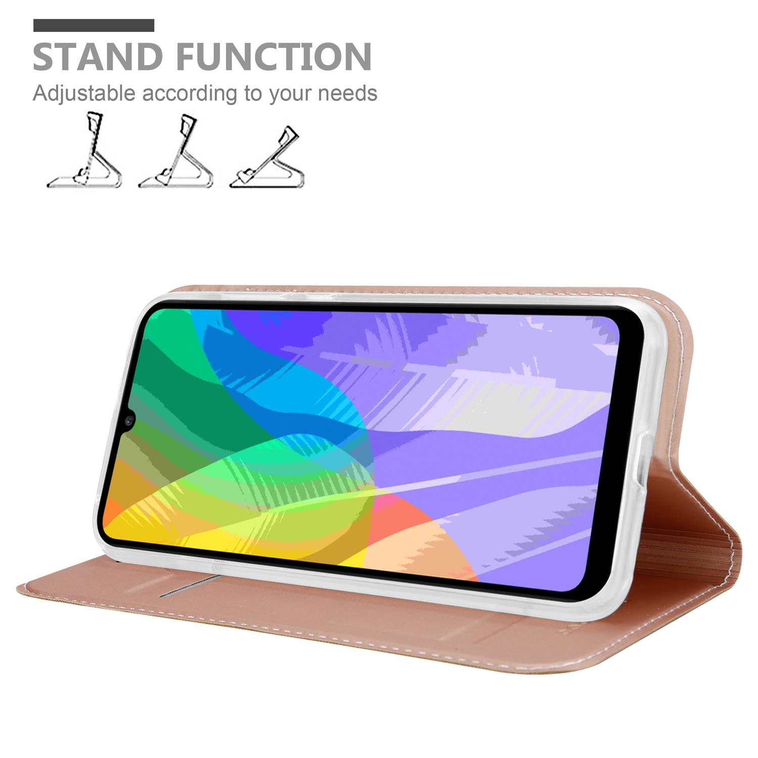 Handyhülle mit Telefon, das ein farbenfrohes Bild anzeigt. Text: Standfunktion. Weißer Hintergrund.