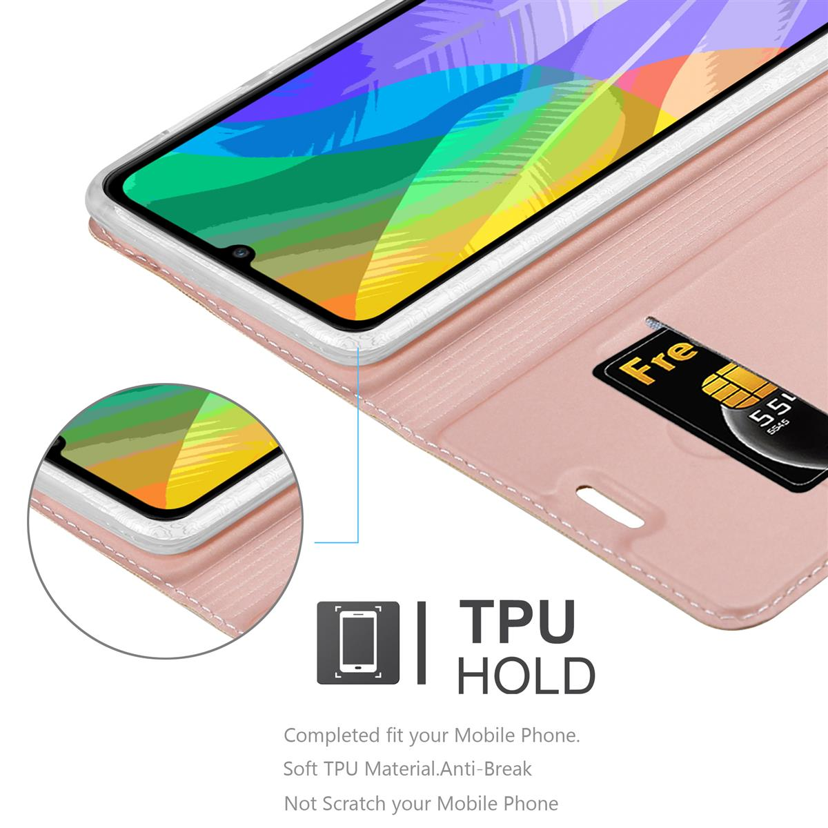 Handyhülle mit Telefon. Rosa, offen, mit Kartenfach. Einsatz zeigt Telefondetail.