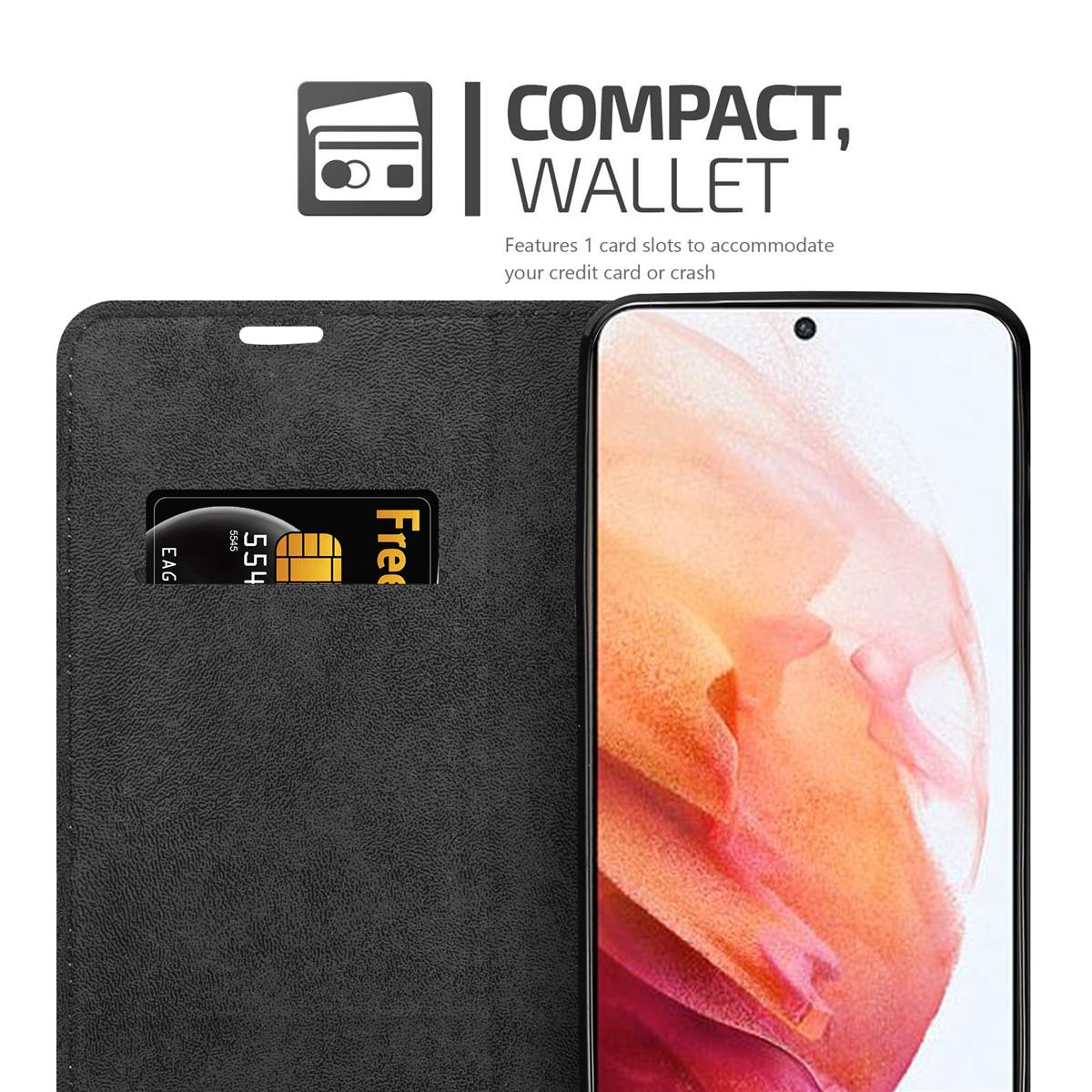 Étui de téléphone noir, ouvert, avec une carte à l'intérieur. Montre les mots 'Compact, Portefeuille'.