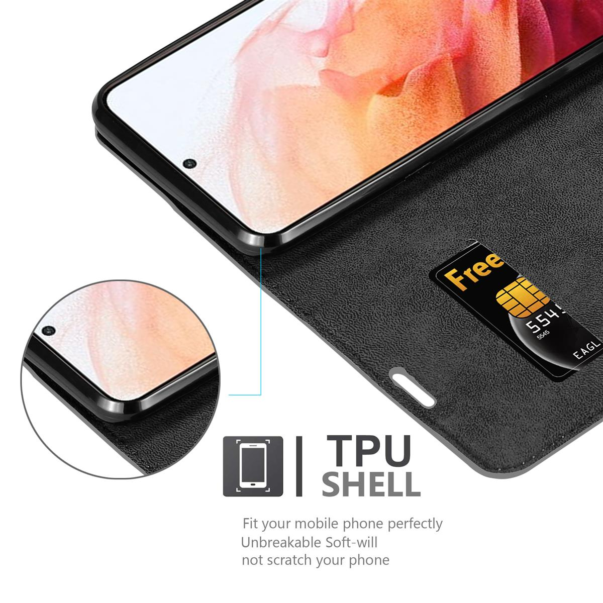 Une coque de téléphone noire avec une carte. Montre le téléphone à l'intérieur de la coque. Texte : TPU SHELL.