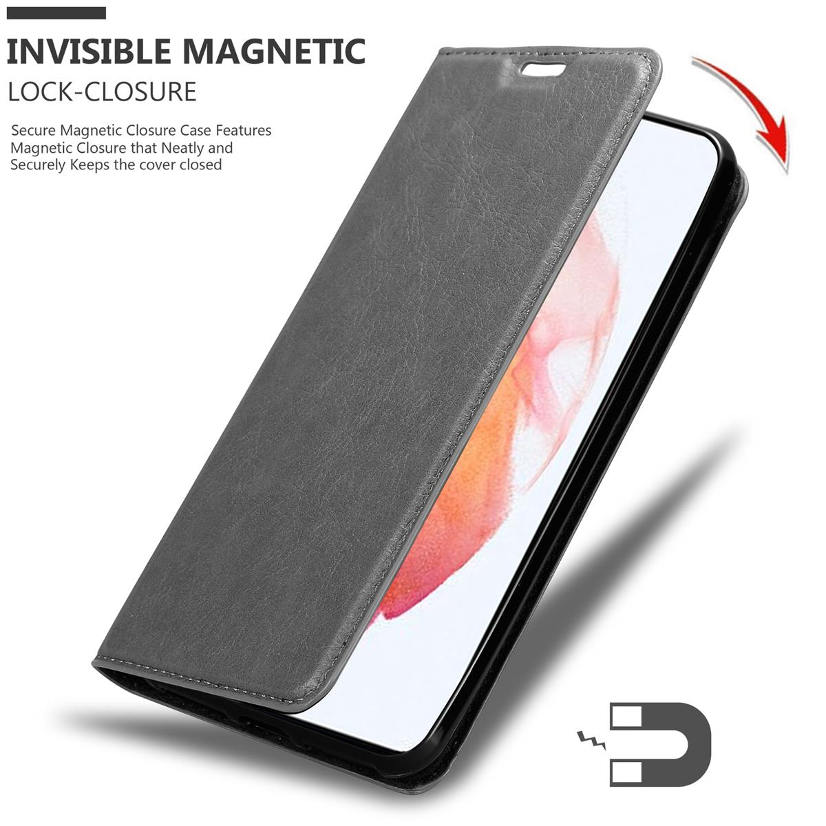 Une coque de téléphone grise avec le couvercle ouvert. Le téléphone à l'intérieur est visible. Fermeture mag.