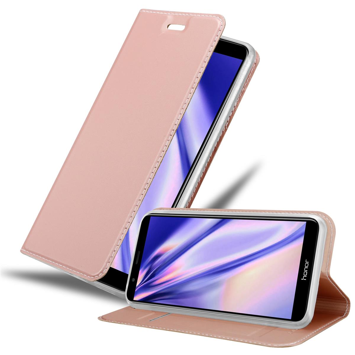 Rosa Handyhülle mit Handy darin. Telefon zeigt abstraktes Bild. Hülle ist offen.