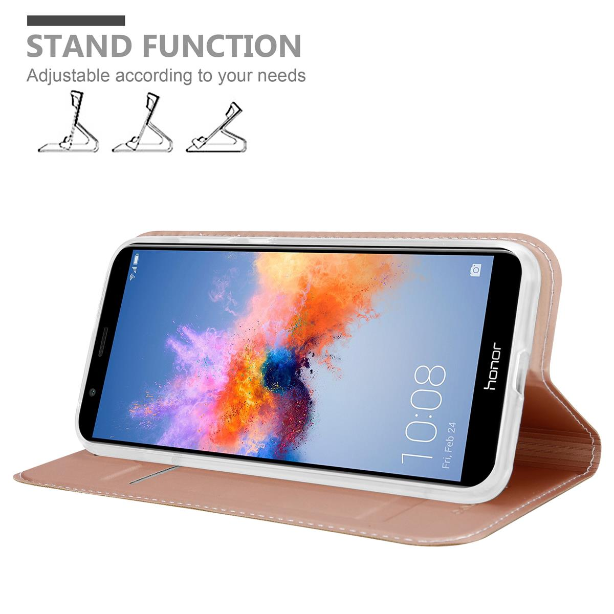 Ein Telefon befindet sich in einer rosa Lederhülle, die Standfunktion wird in Symbolen angezeigt.