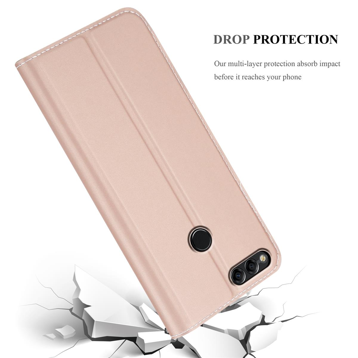 Eine rosa Handyhülle, die sich mit einem Telefon darin öffnet. Der Hintergrund ist weiß mit Rissen.