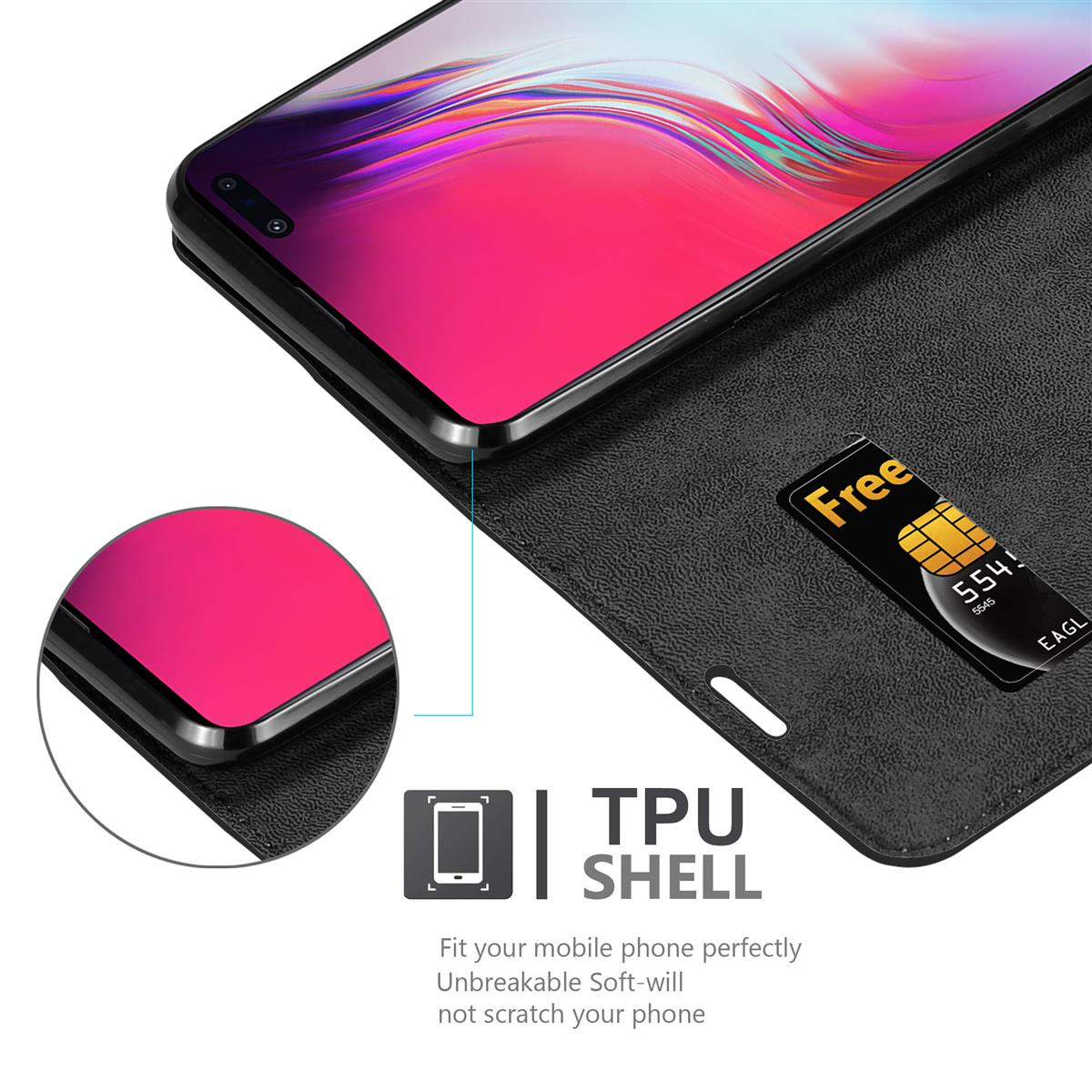 Schwarzes Telefon in einer Hülle mit Kreditkarte. Die Hülle ist offen. Enthält ein TPU Shell-Etikett.