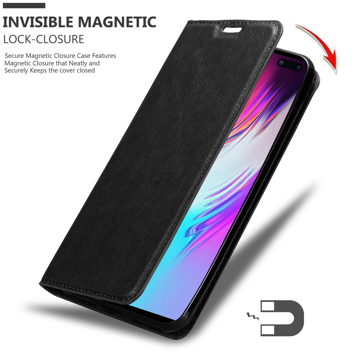 Schwarze Handyhülle mit Magnetverschluss. Das Telefon ist im Inneren der Hülle sichtbar.