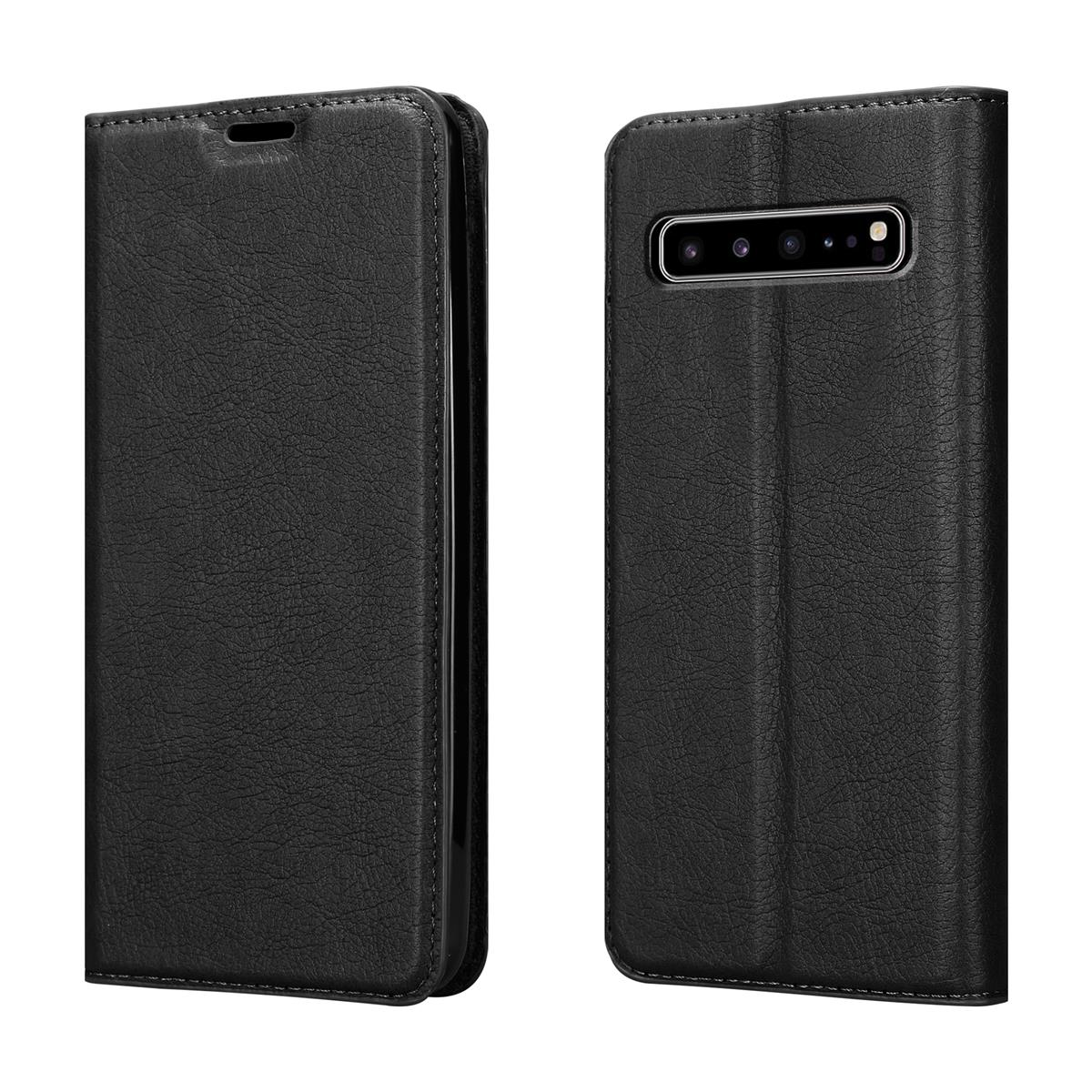 Schwarze Leder-Handyhülle mit zwei Ansichten. Geschlossen und geöffnet, das Telefon innen zeigend.