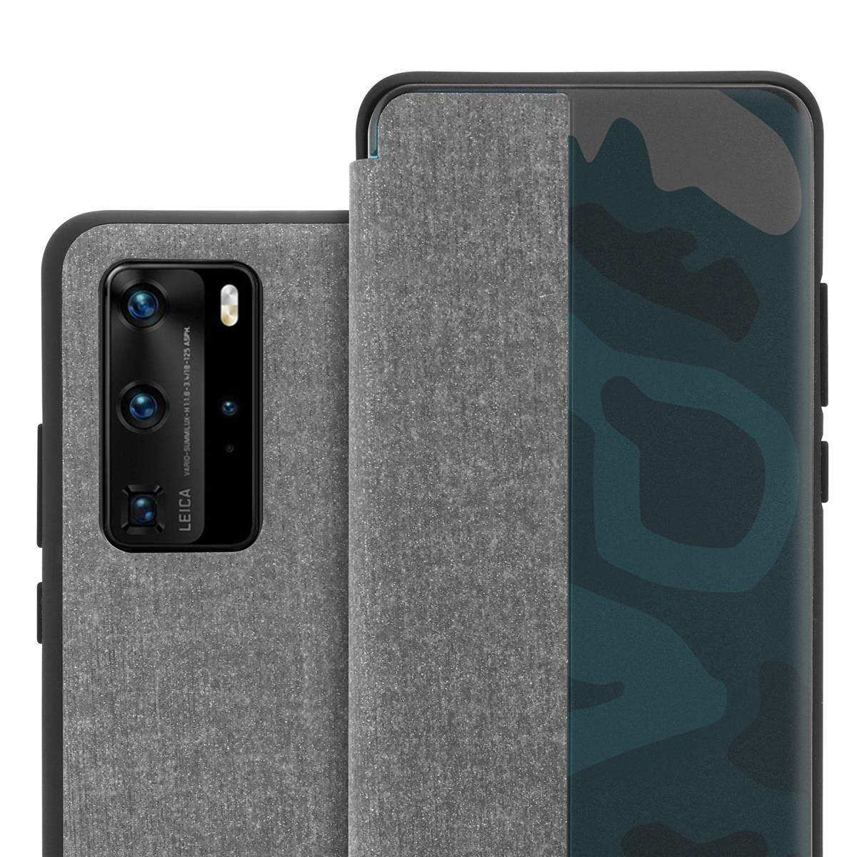 Graue Handyhülle mit Klappe. Die Klappe ist offen und zeigt ein Camouflage-Muster auf dem Telefonbildschirm.