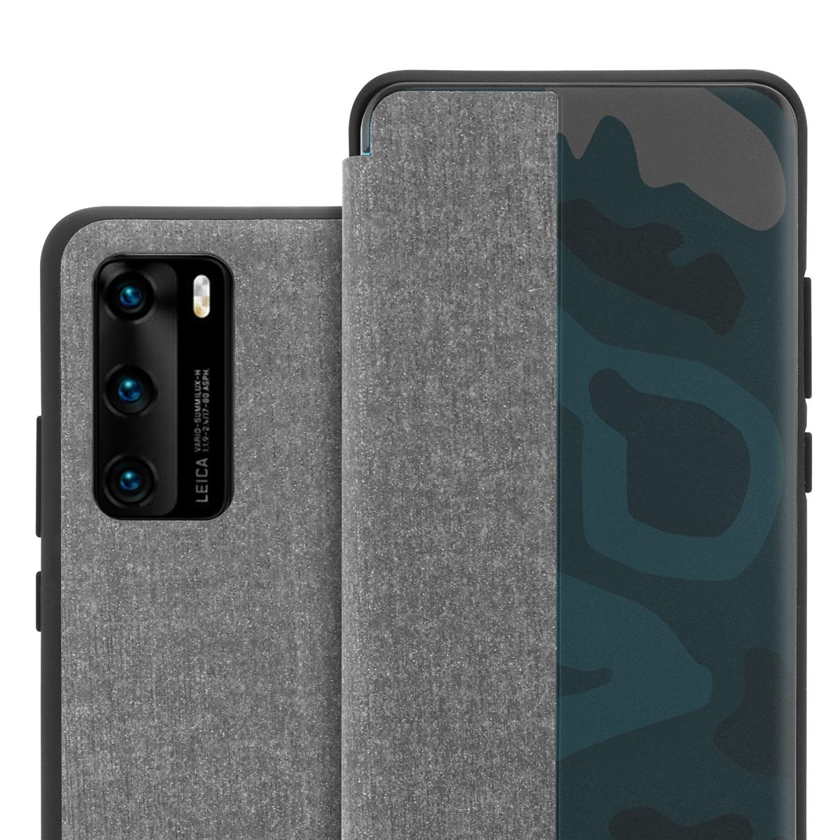 Graue Handyhülle mit Kamera. Das Telefon zeigt ein grün-blaues Tarnmuster.