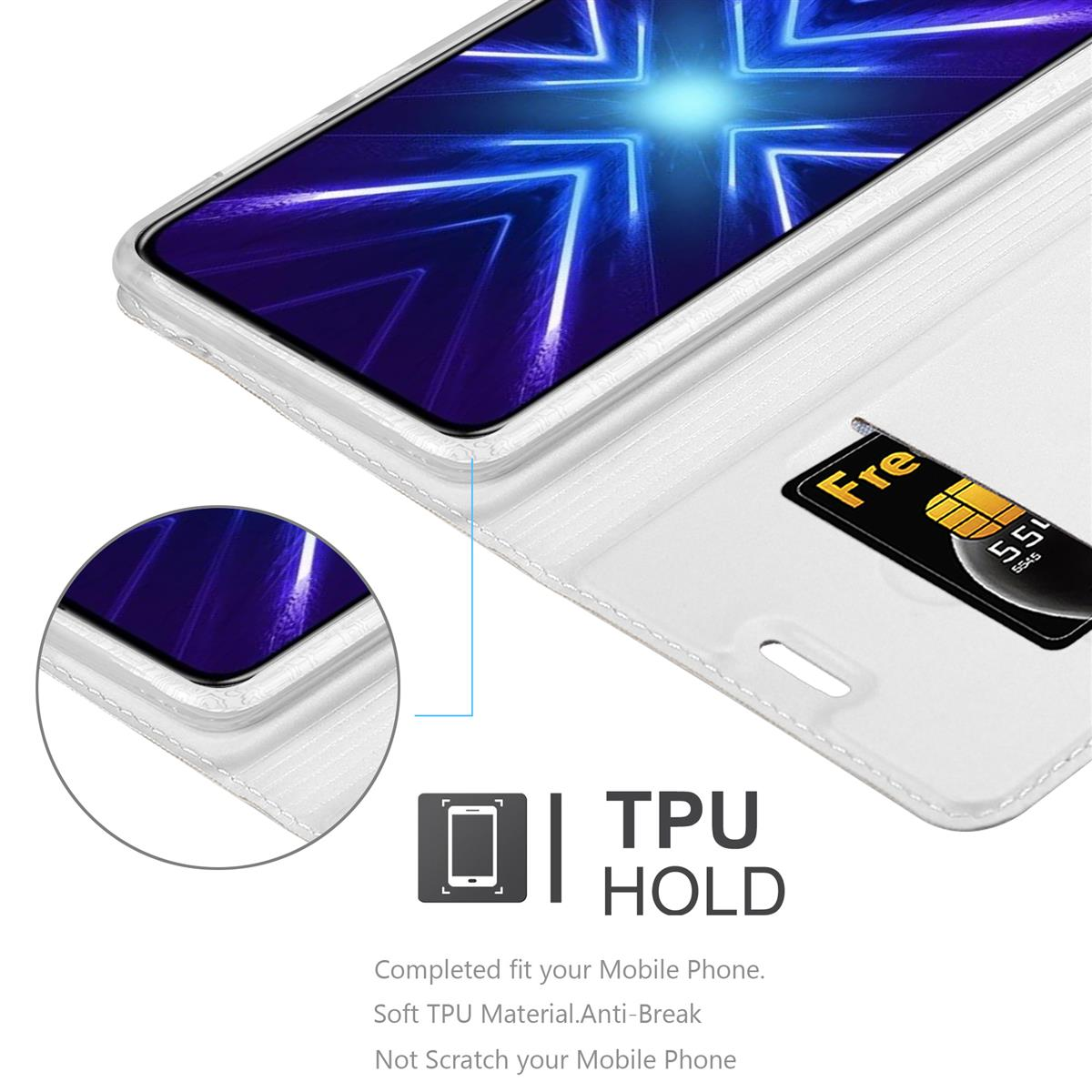 Weiße Handyhülle mit Karte. Nahaufnahme eines Telefonbildschirms mit blauem Design.