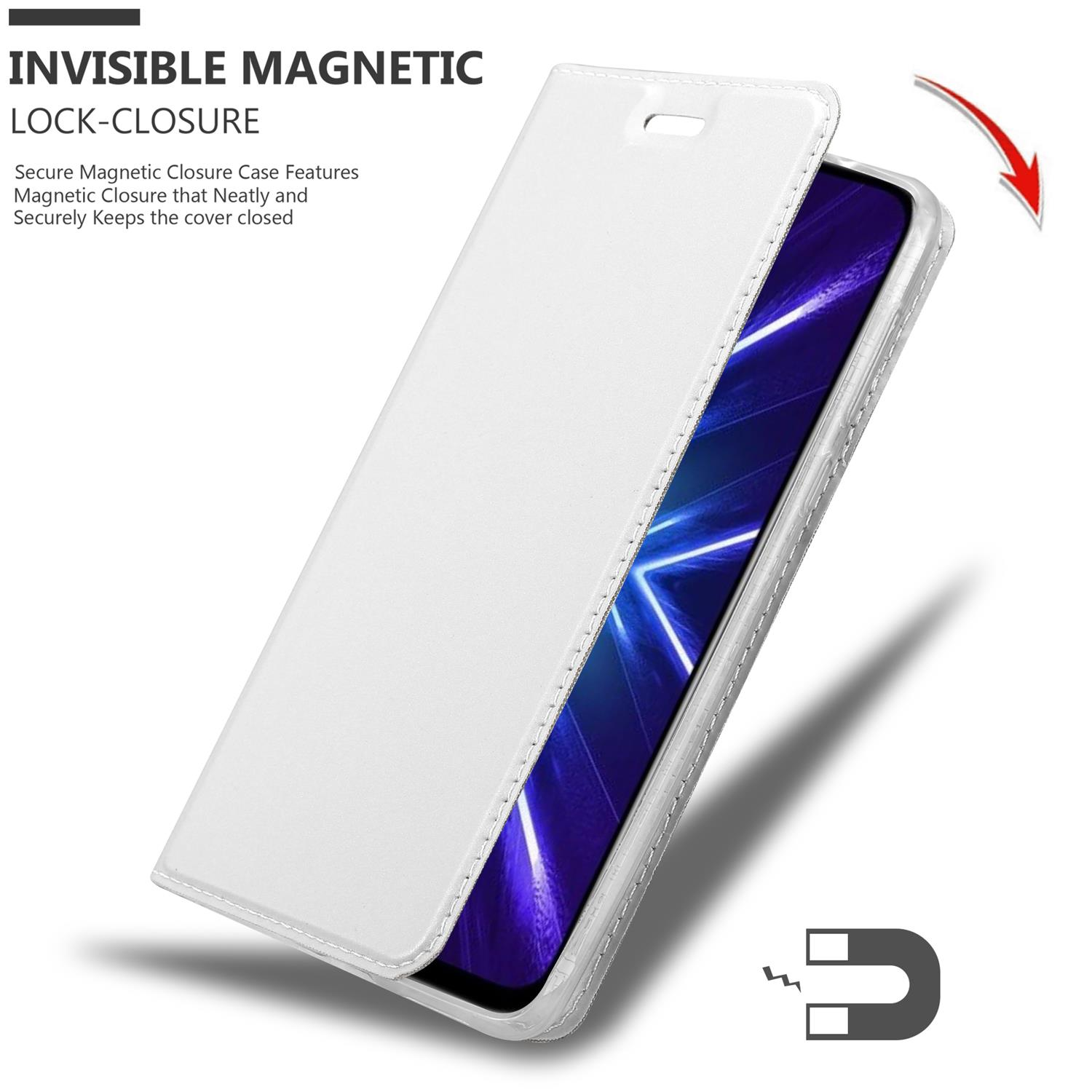 Weiße Handyhülle mit Magnetverschluss. Die Abdeckung ist offen und zeigt den Bildschirm.