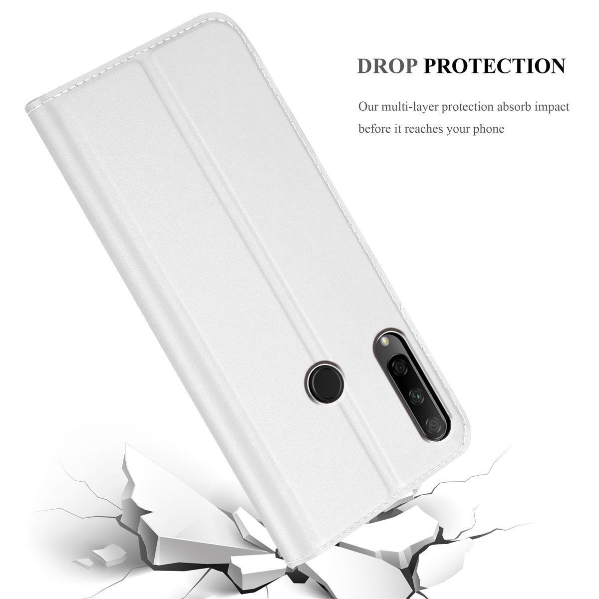 Eine weiße Handyhülle, abgewinkelt, zeigt ein Telefon und die Worte 'DROP PROTECTION'.