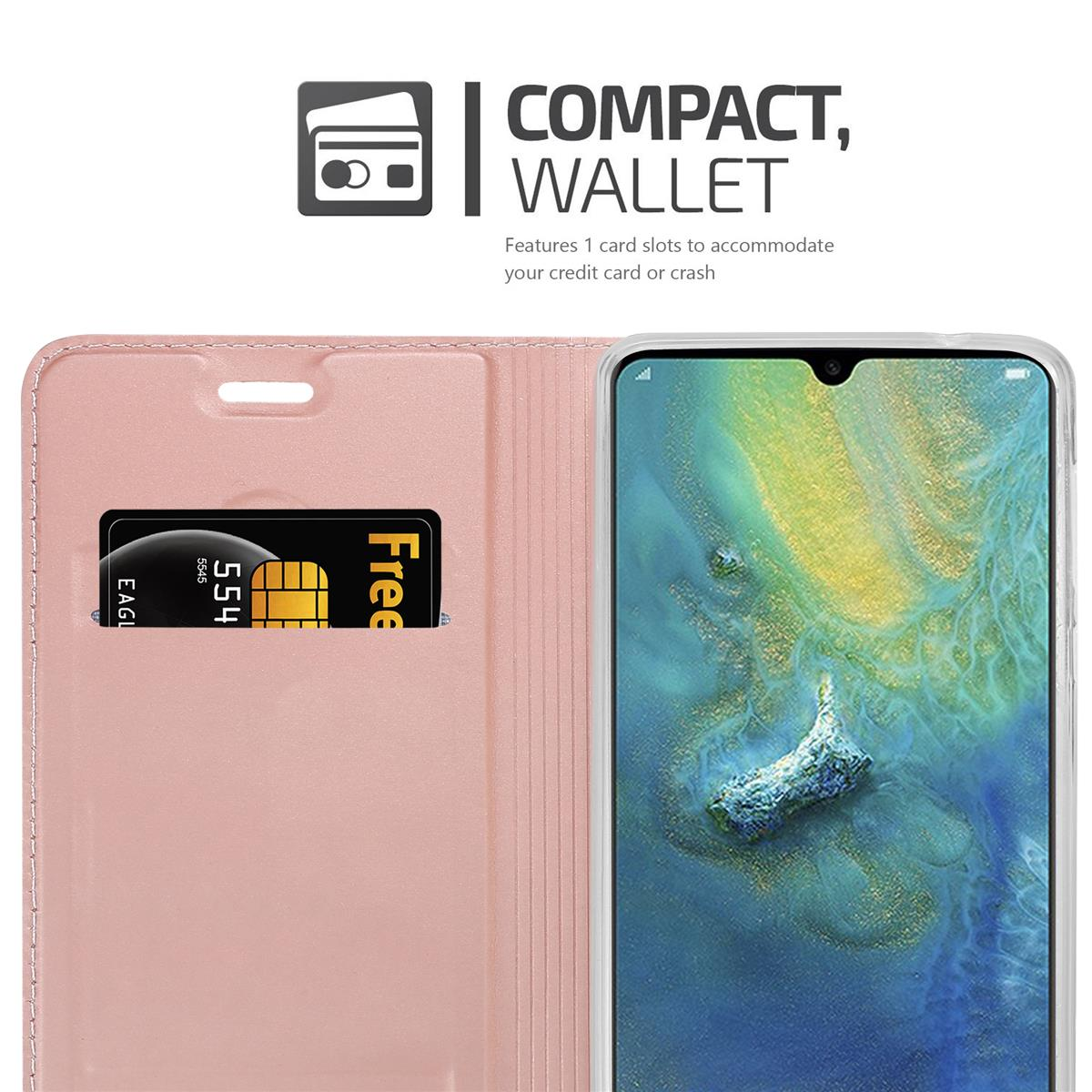 Rosa Handyhülle mit Kartenfach, Text "Free" und eine Kreditkarte sichtbar. Text: Compact, Wallet.