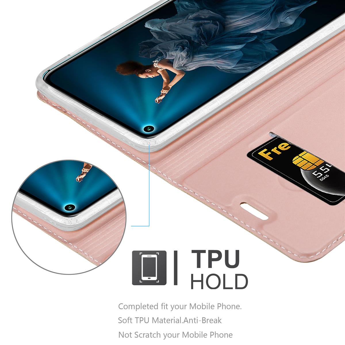 Eine rosa Handyhülle mit einem Telefon darin. Die Hülle ist offen mit Kartensteckplatz, und Text 'TPU HOLD'.