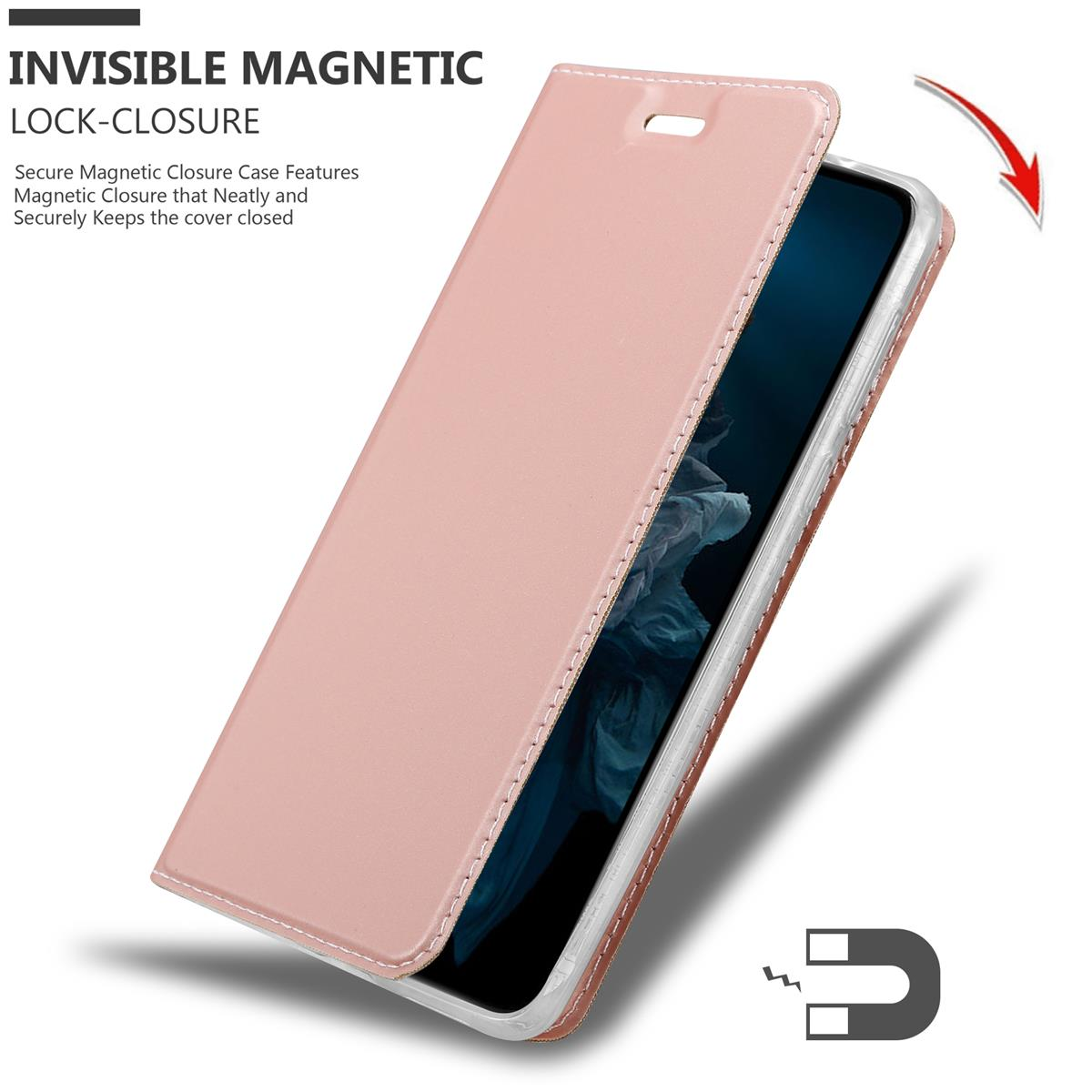 Rosa Handyhülle mit Magnetverschluss, geöffnet, um das Telefon zu zeigen.