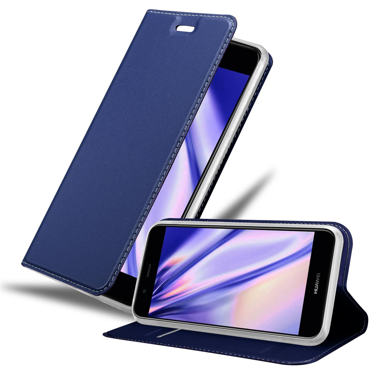 Custodia per telefono blu, aperta, con telefono all'interno. Il telefono mostra un'immagine colorata. Cuciture bianche sulla custodia.