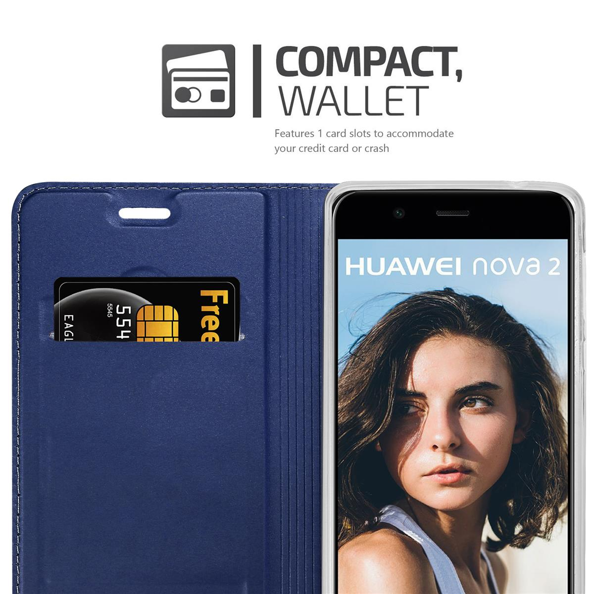 Una custodia blu con fessura per carte e un telefono all'interno. C'è il testo Huawei Nova 2.