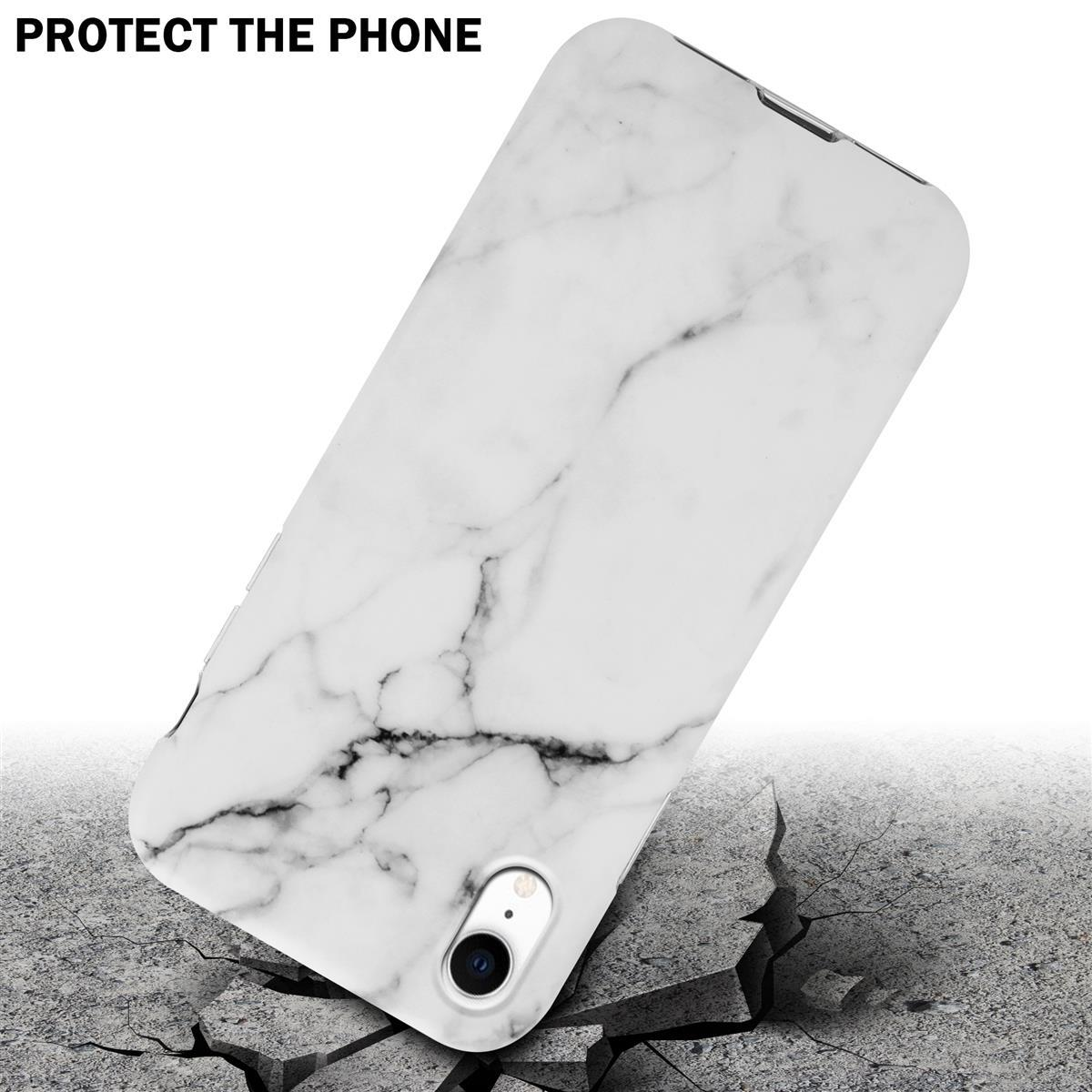 Custodia per telefono in marmo bianco su terreno incrinato. Testo: PROTEGGI IL TELEFONO. Il telefono sta cadendo.