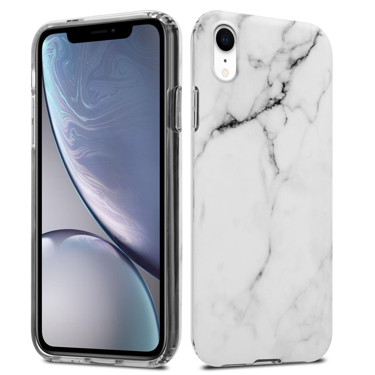 Due telefoni. Uno dentro una custodia trasparente, l'altro con un design marmoreo.