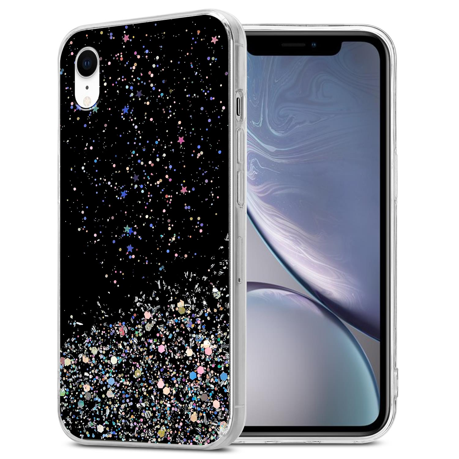 Handyhülle mit schwarzem Glitzer unten, schwarzem Hintergrund und einem Telefon.