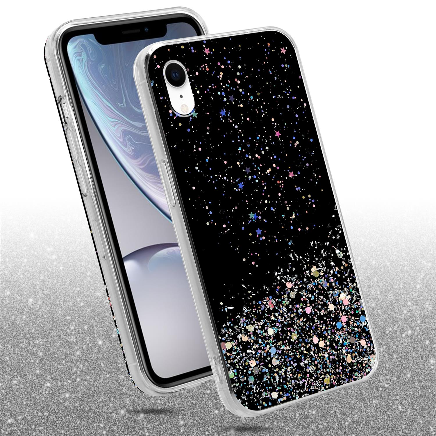 Ein Telefon mit einer schwarzen Hülle mit Glitzer. Die Hülle hat ein buntes Glitzerdesign auf schwarzem Grund.