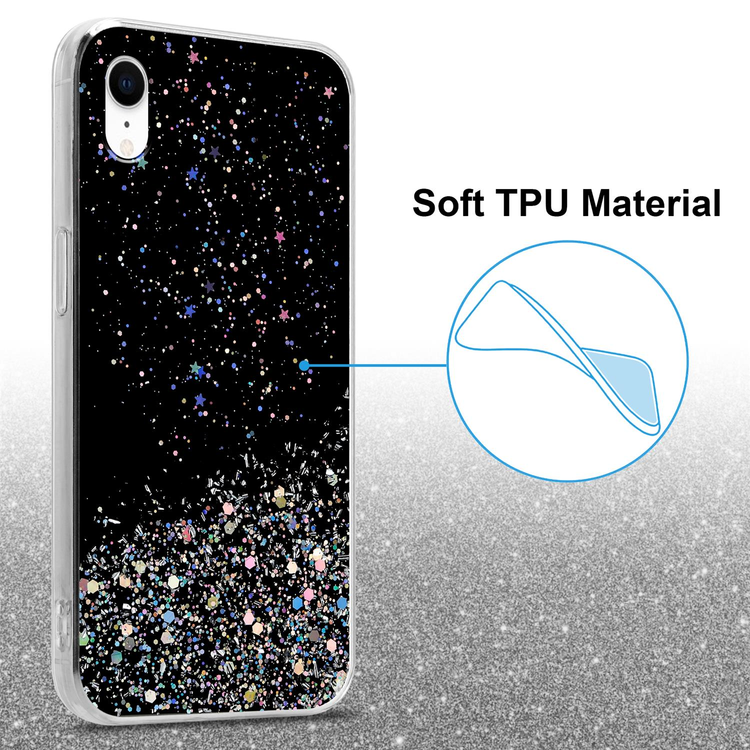 Schwarze Handyhülle mit Glitzerdesign. Text: Weiches TPU-Material. Weißer Hintergrund.