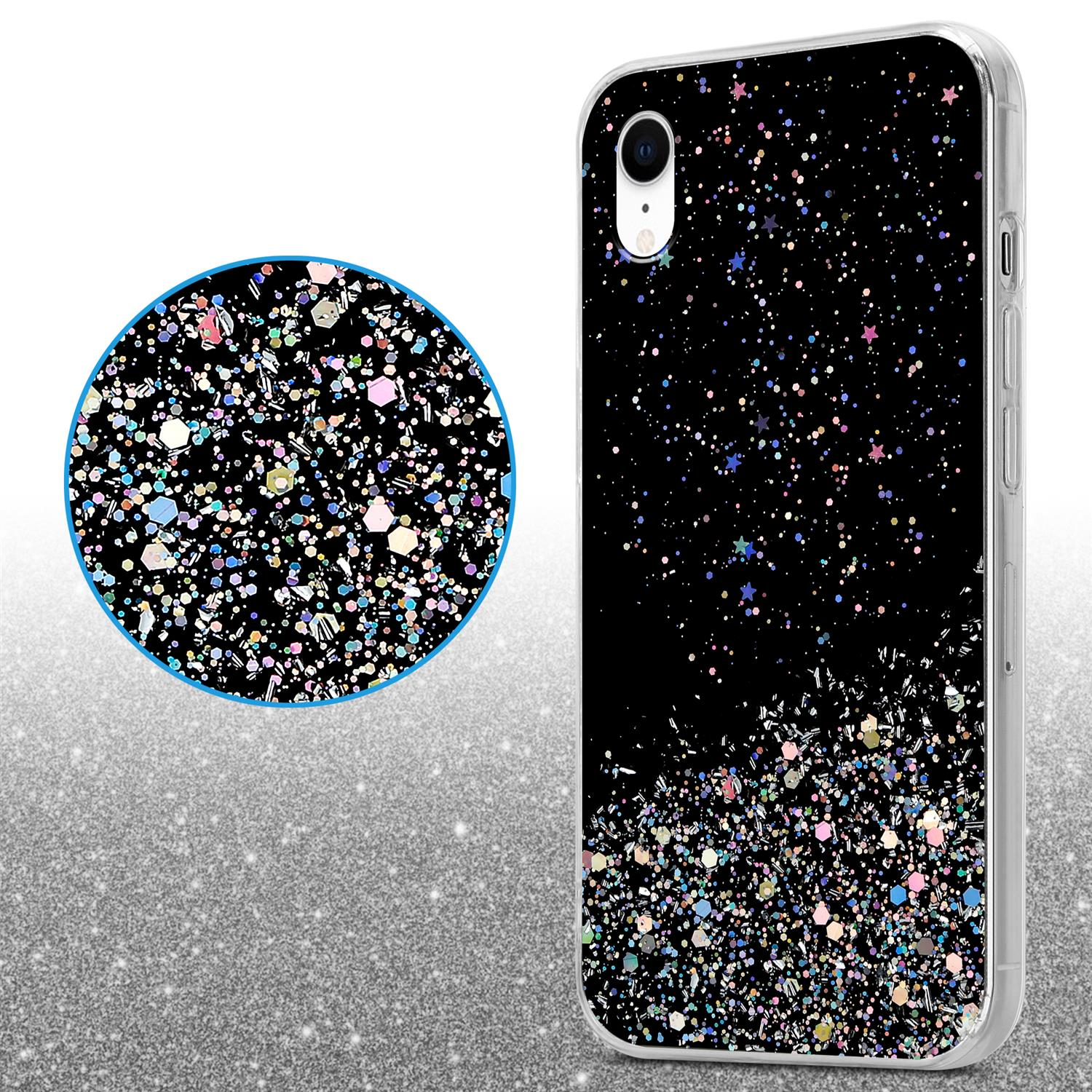 Handyhülle mit schwarzem Hintergrund und Glitzereffekt, mit vergrößertem kreisförmigem Detail.