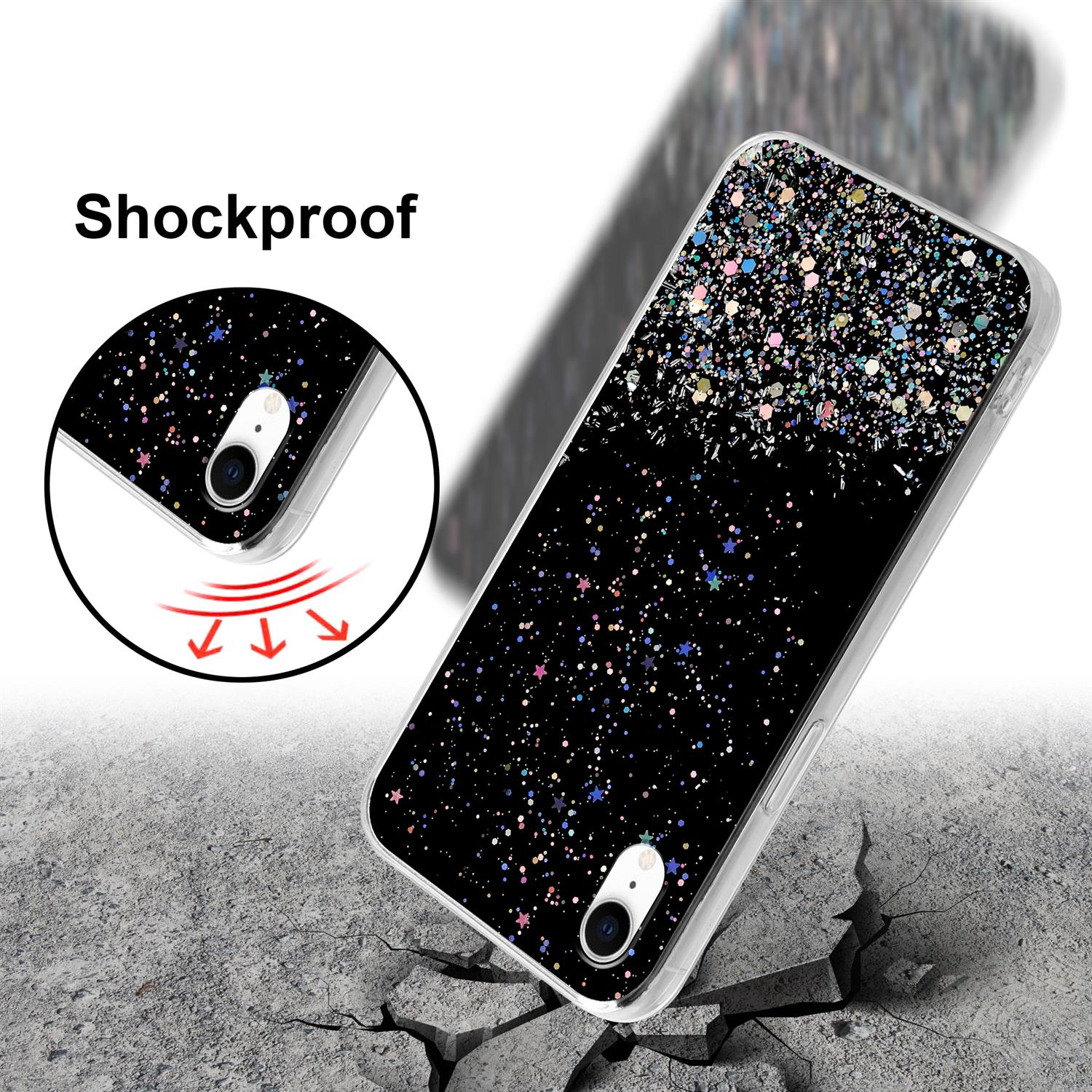 Schwarze Handyhülle mit Glitzerdesign. Text lautet "Stoßfest". Telefon ist abgewinkelt, mit rissiger Oberfläche.