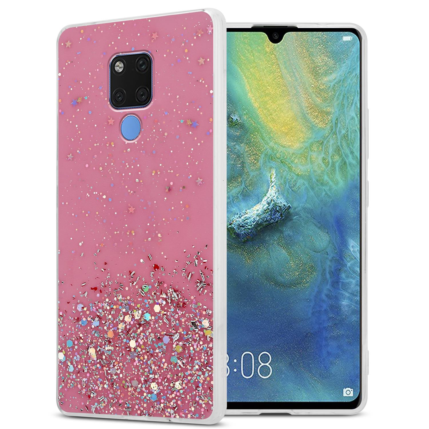 Eine pinke Handyhülle mit Glitzer, Sternen und einem Telefon, das die Uhrzeit anzeigt. Das Telefon hat drei Kameras.