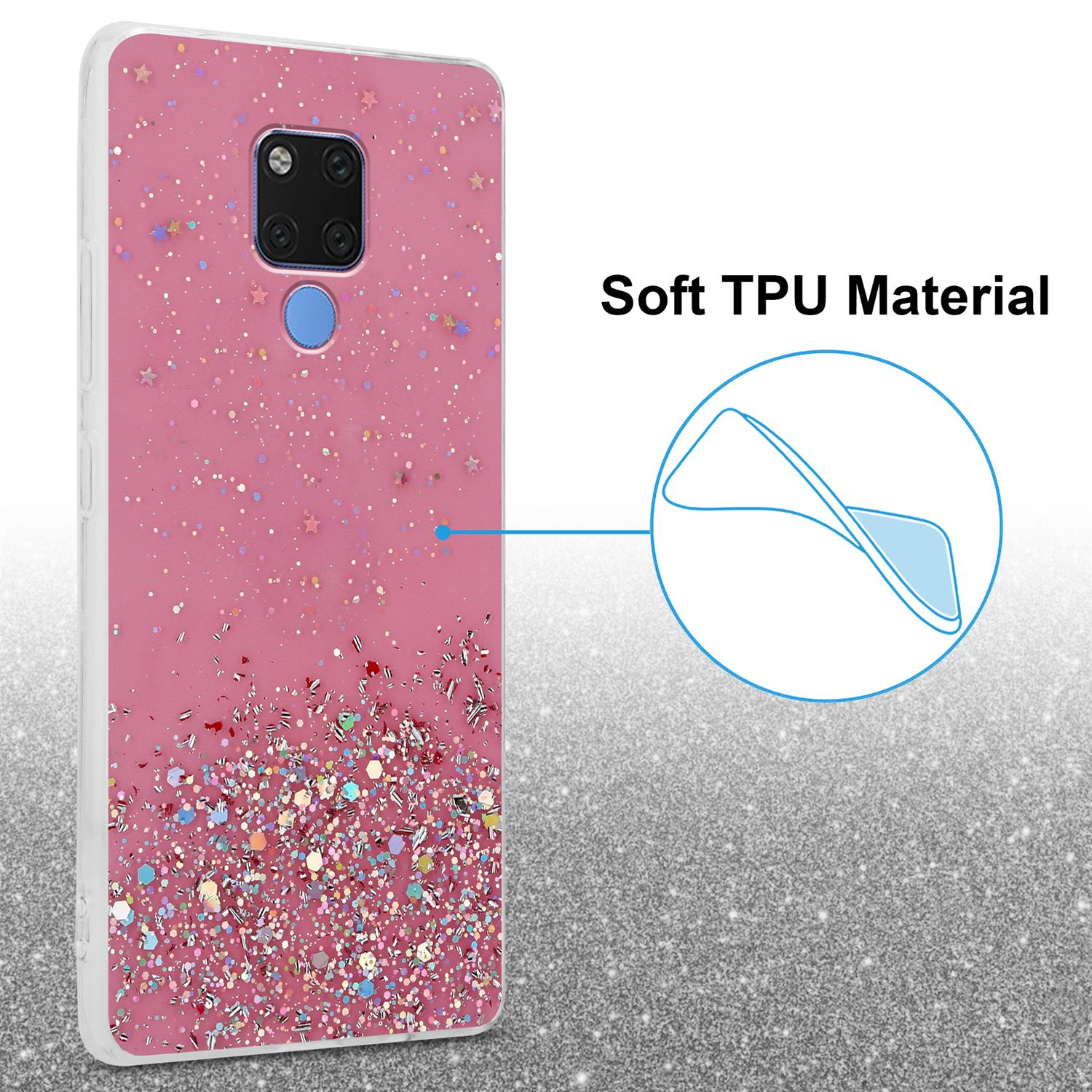 Rosa Handyhülle mit Glitzer. Text sagt 'Weiches TPU Material'. Ein Kreis zeigt das Materialdetail.