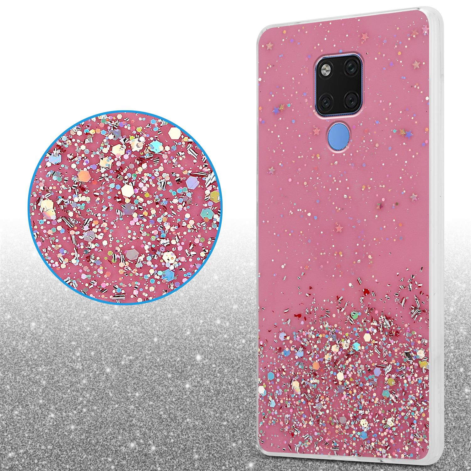 Rosa Handyhülle mit Glitzer, Nahaufnahme, und ein verschwommener Hintergrund mit Glitzer.