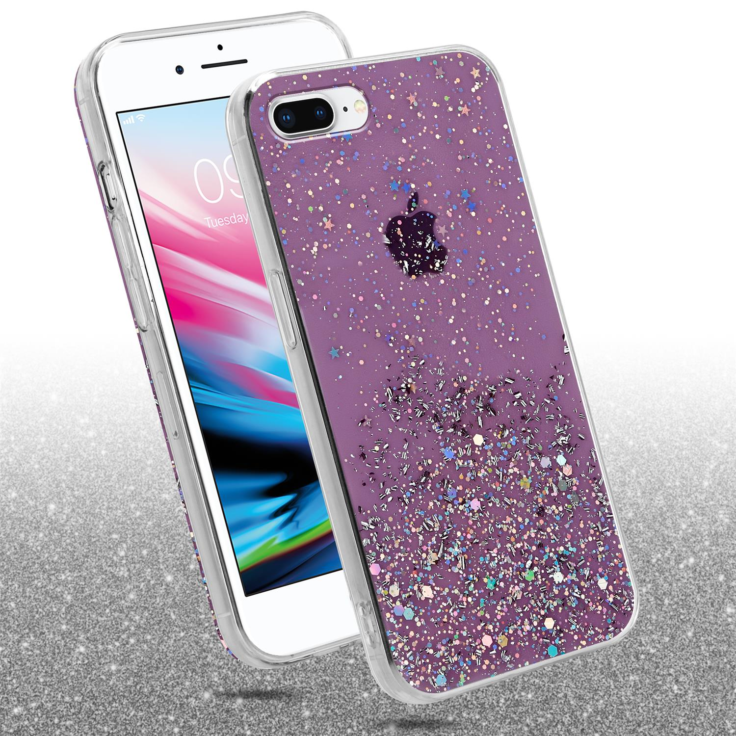 Zwei Telefone: eins mit transparenter Hülle und eins mit lila Glitzerhülle mit Sternen.