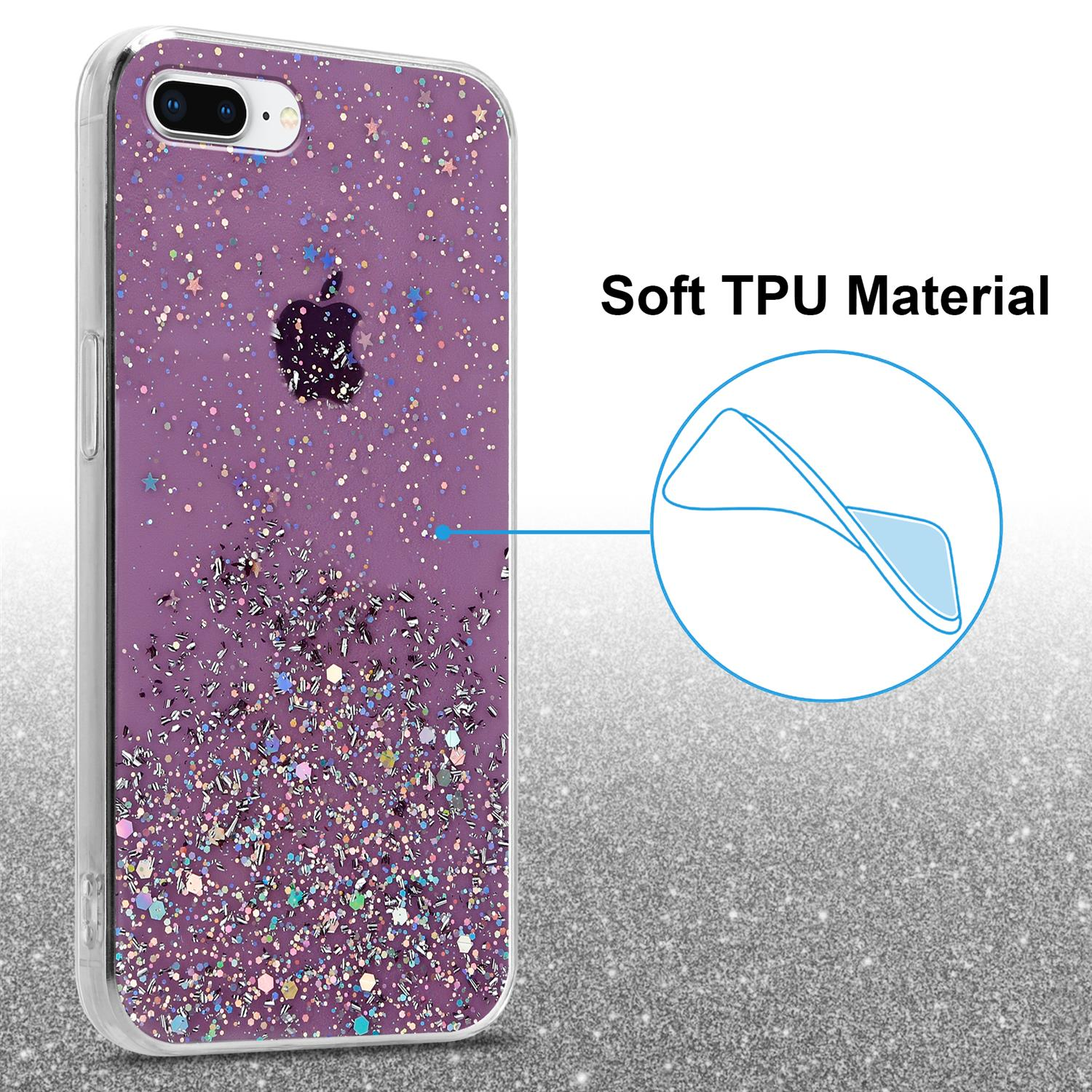 Eine Handyhülle mit Glitzer und einem silbernen Apfel-Logo. Text: Soft TPU Material.