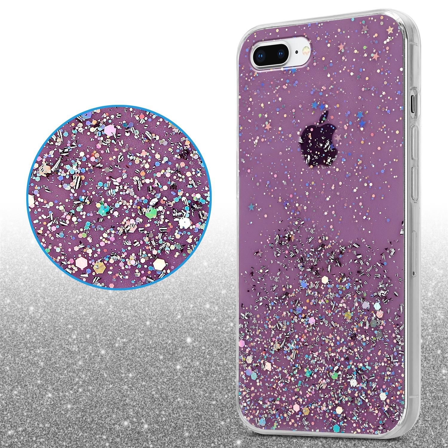 Eine Handyhülle mit lila Glitzer und einem Apple-Logo auf dem Bildschirm, mit glitzerndem Hintergrund.