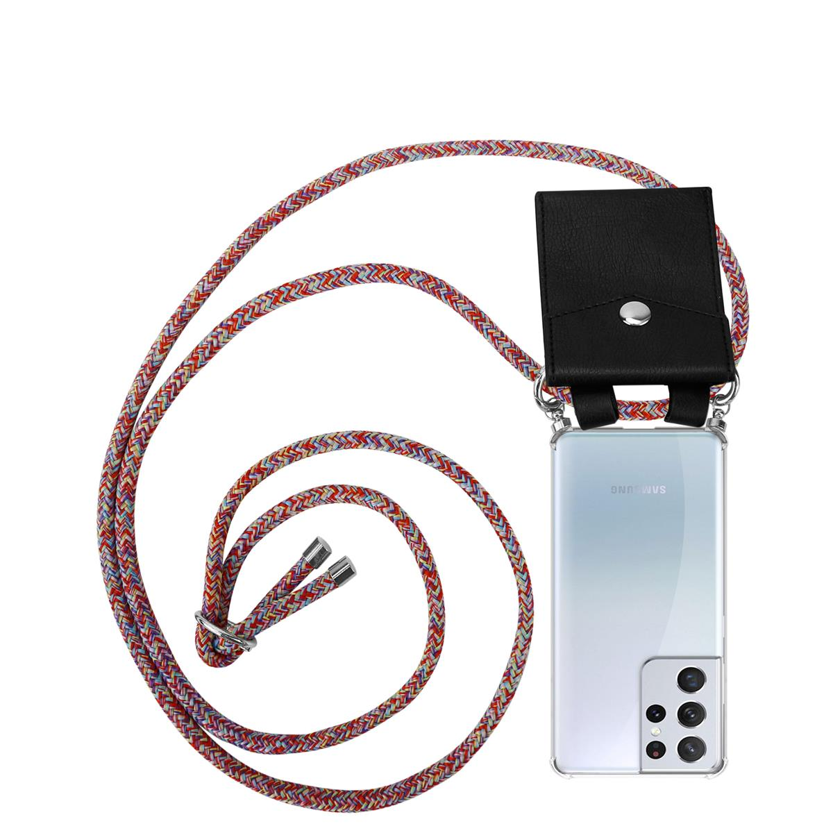 Schwarzes Telefon mit Lanyard. Das Lanyard ist rot, orange und weiß.