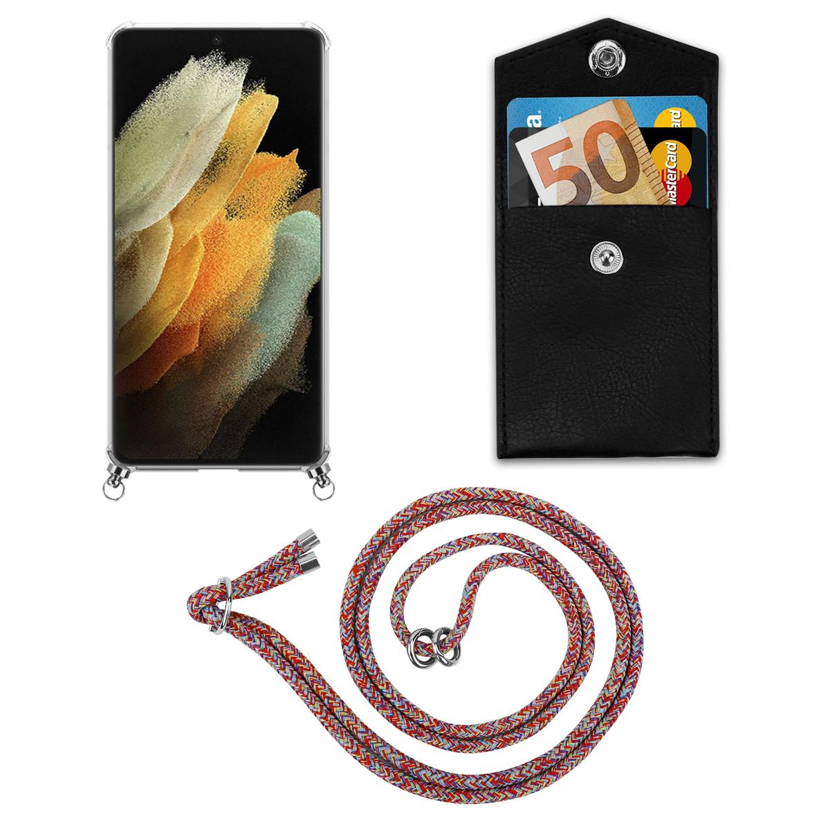 Ein Telefon mit transparenter Hülle, eine kleine schwarze Geldbörse mit Karten und ein farbenfrohes Lanyard.