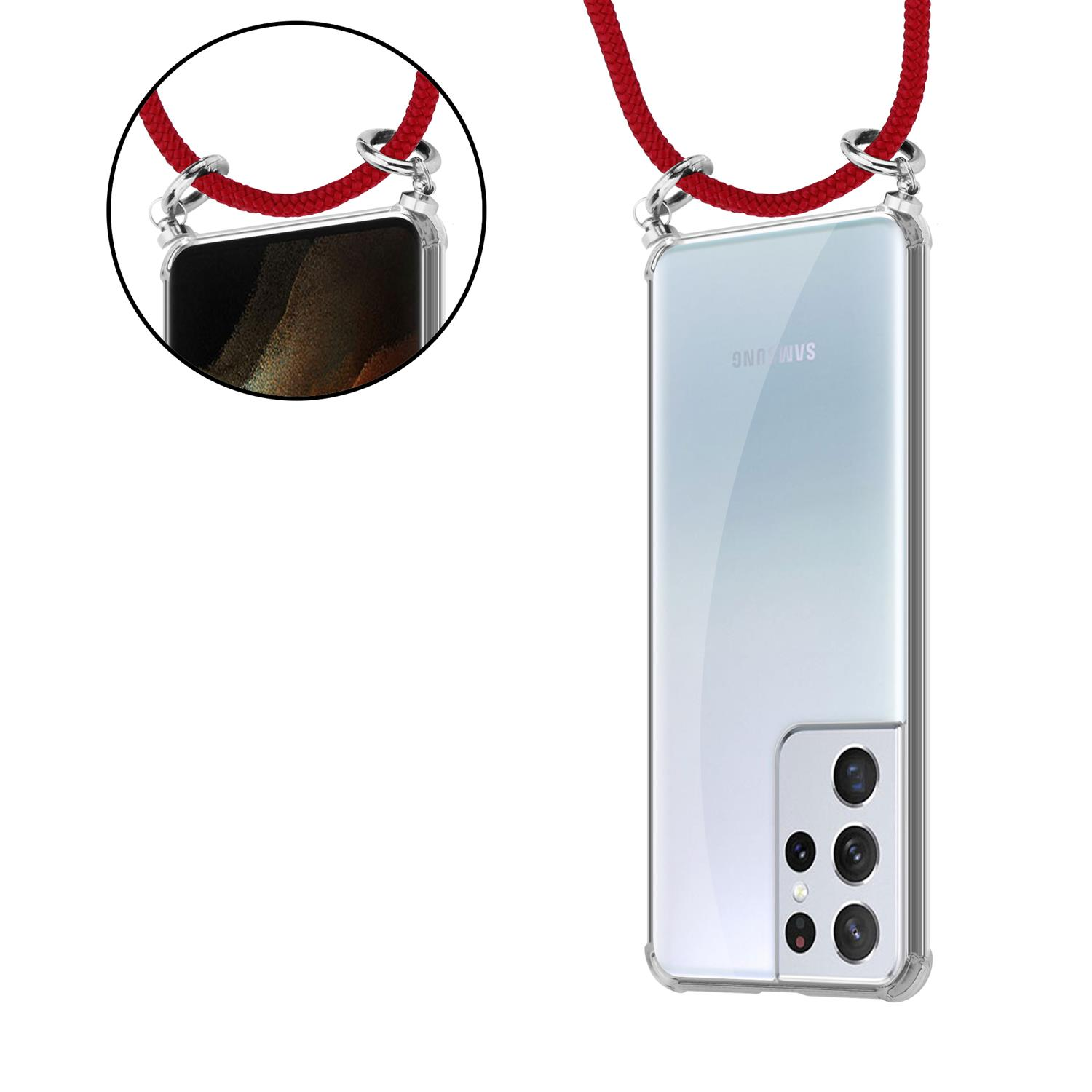 Ein Telefon mit roter Seilhülle. Das Telefon hat mehrere Kameras. Der Hintergrund ist weiß.