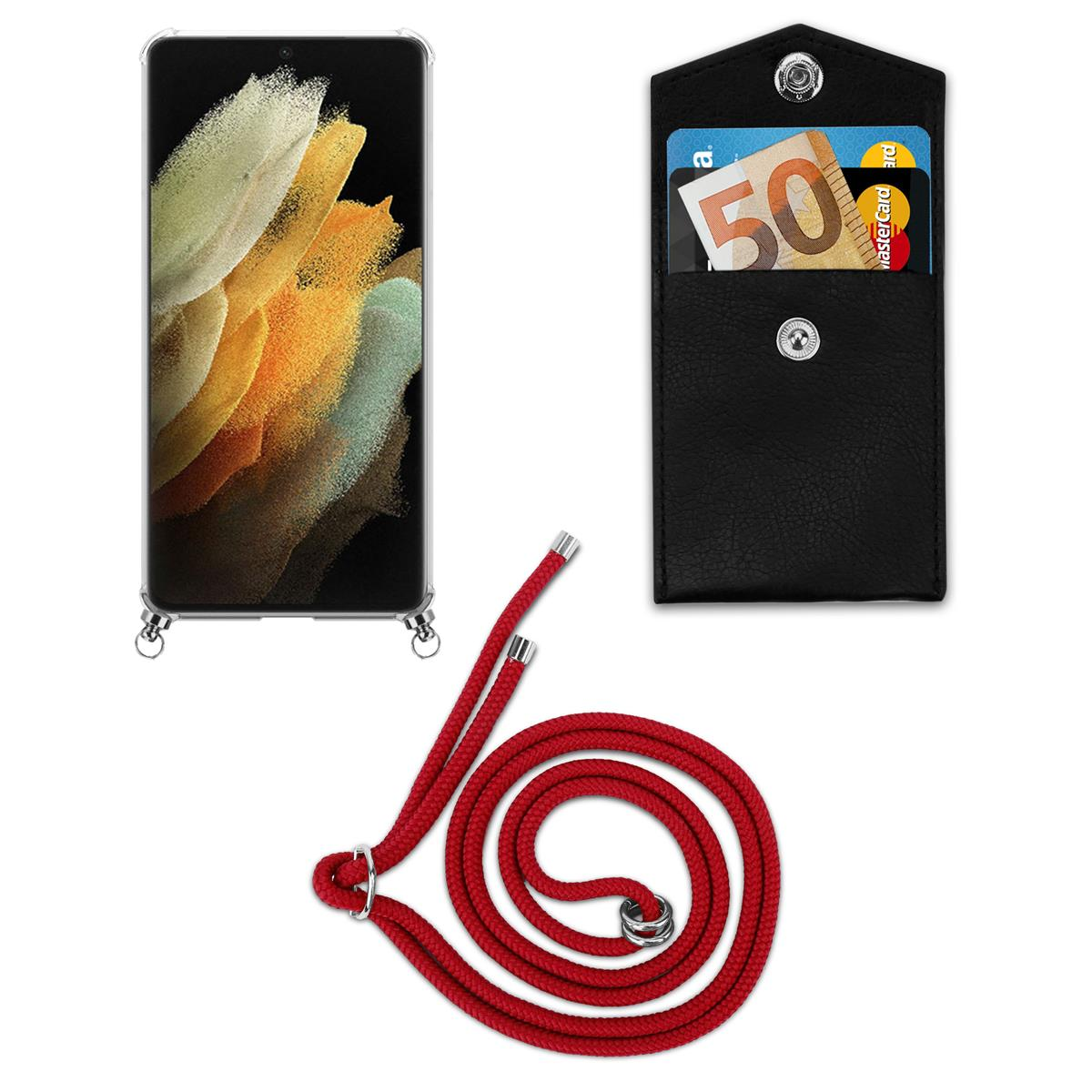 Eine transparente Handyhülle mit Lanyard wird mit einer schwarzen Geldbörse mit Karten und Bargeld gezeigt. Ein rotes Lanyard wird gezeigt.