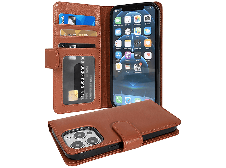 CADORABO 13 PRO, COGNAC Standfunktuon, Apple, Kartenfach Bookcover, Book BRAUN Hülle mit iPhone