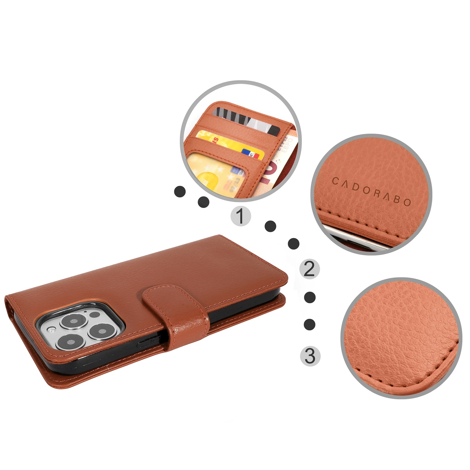 Braune Leder-Telefonbrieftasche mit Karten und Geld. Detailaufnahmen zeigen Textur und Markenname.