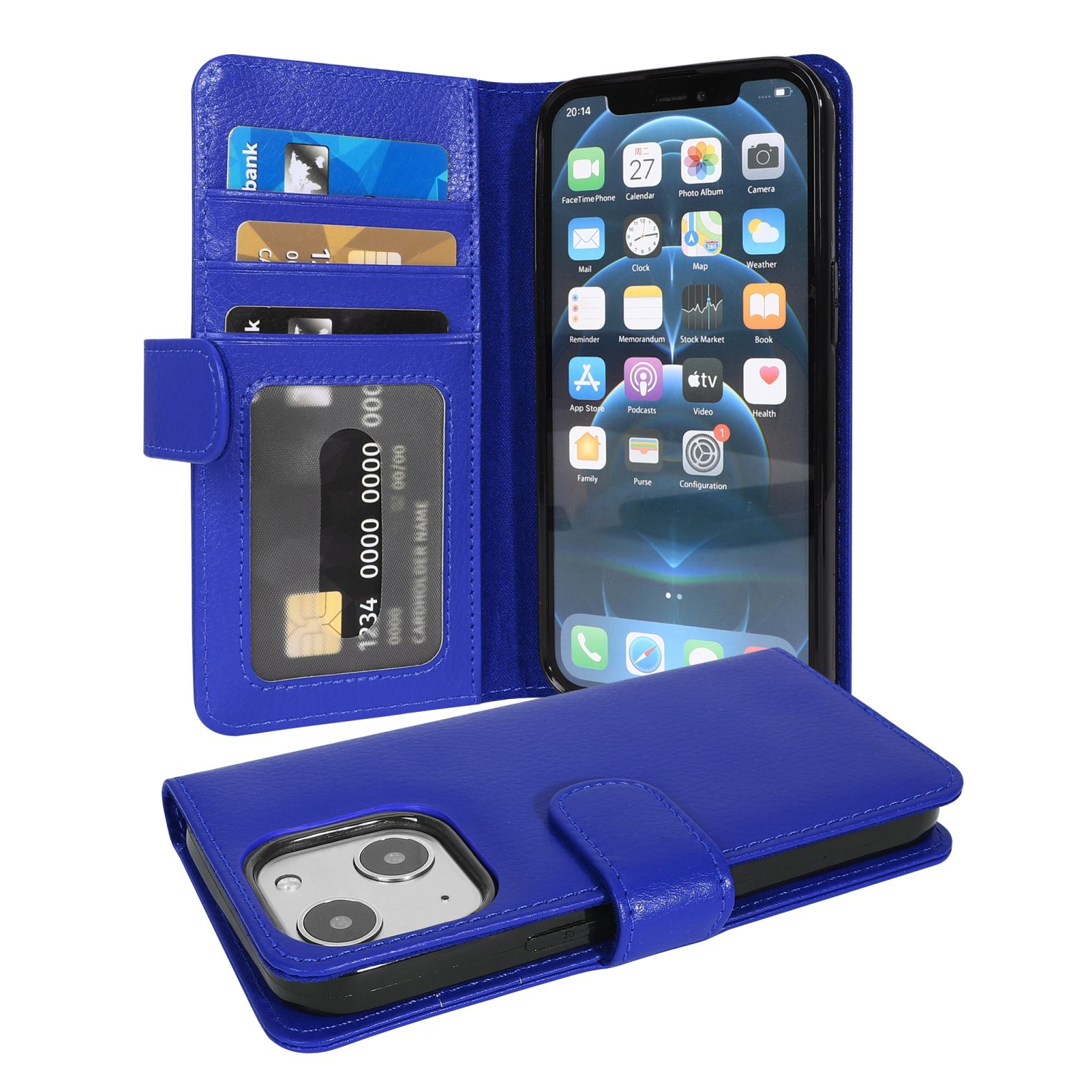 Eine blaue Handyhülle mit einer Geldbörse. Sie ist geöffnet und zeigt einen Telefonbildschirm und Kartenfächer.