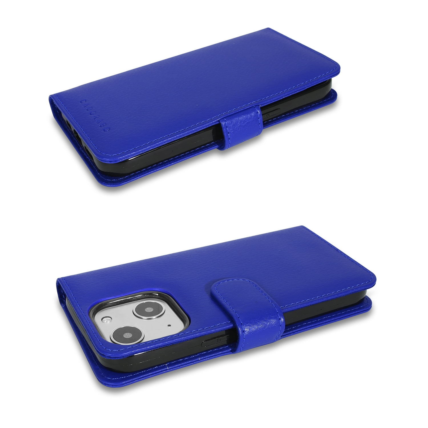 Blaue Leder-Handyhülle, geschlossen und offen, mit schwarzem Telefon. Weißer Hintergrund.