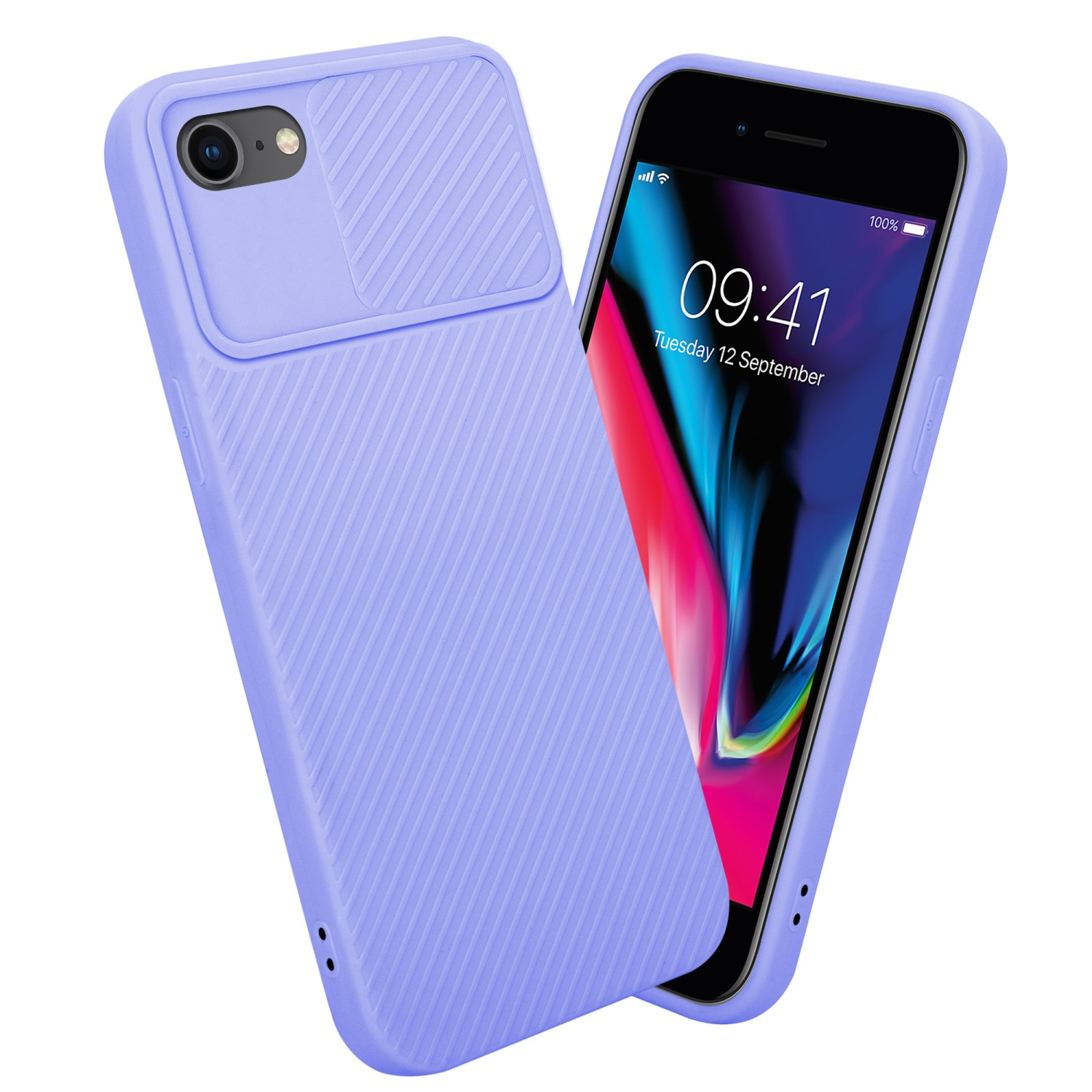 Eine hellviolette Telefonhülle mit Kameraabdeckung ist nach rechts abgewinkelt, mit einem Telefon darin.